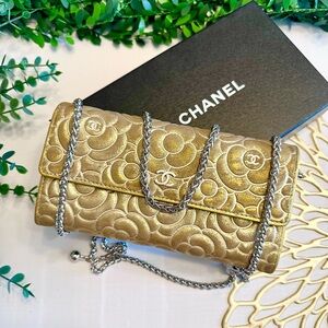 Chanel Gold Camellia Embossed Long Wallet